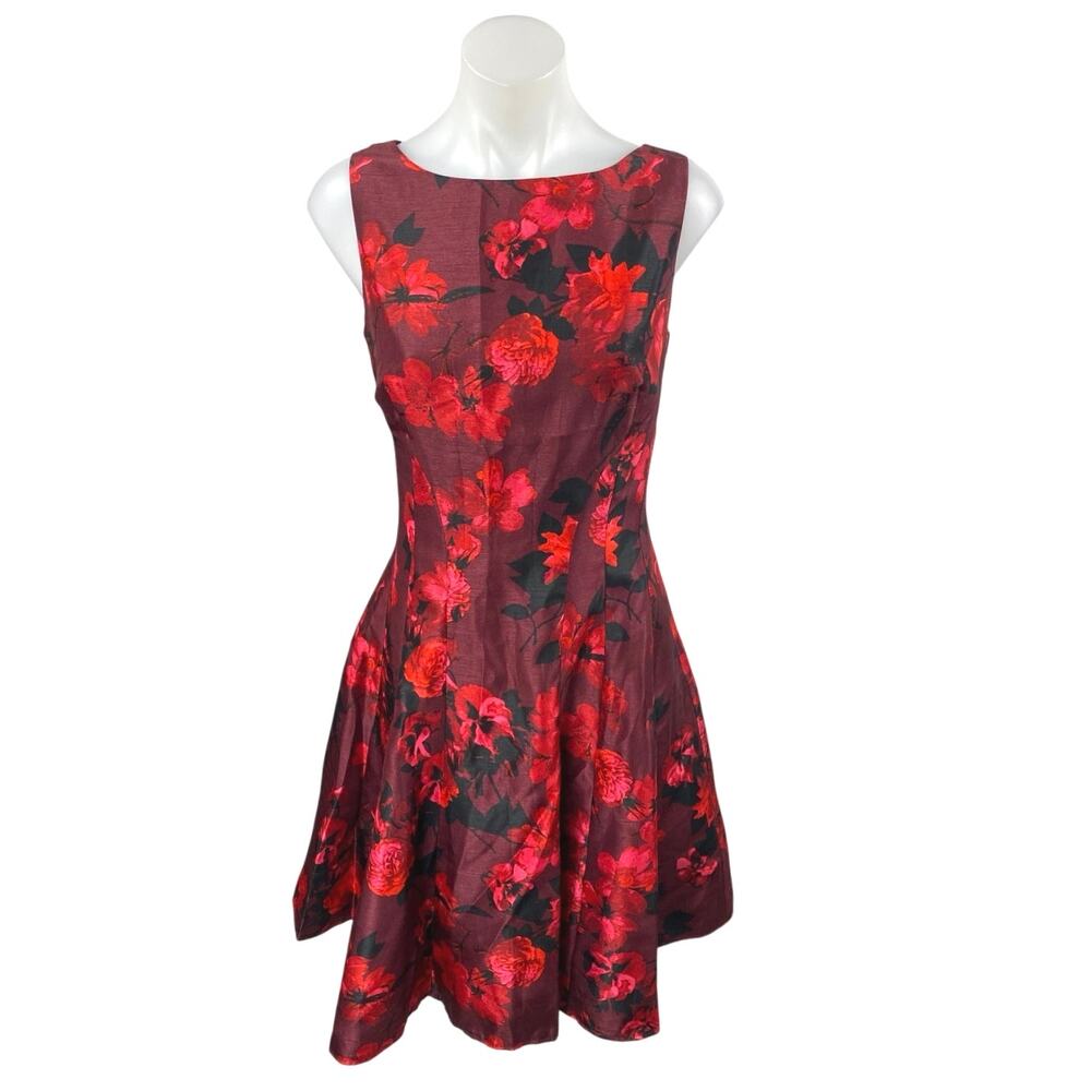 Julian Taylor Red Floral Sleeveless Boat Neck Fit & Flare Mini Dress Size 10